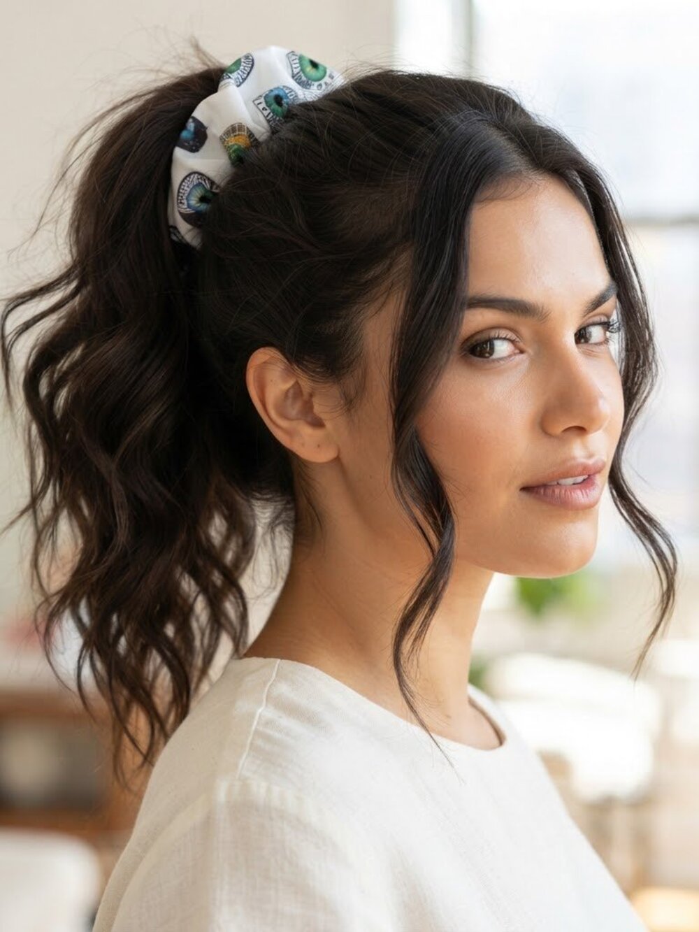 Chic White Scrunchie with Eye Pattern